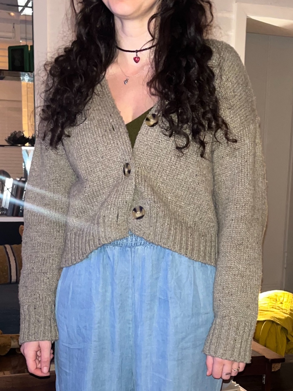 H by Halston Olive-Taupe Ribbed Button Cardigan